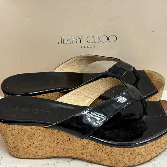 Authentic Jimmy Choo Women's Black & Gold Leather Cork Wedge Sandals -US 7.5 - Picture 1 of 11